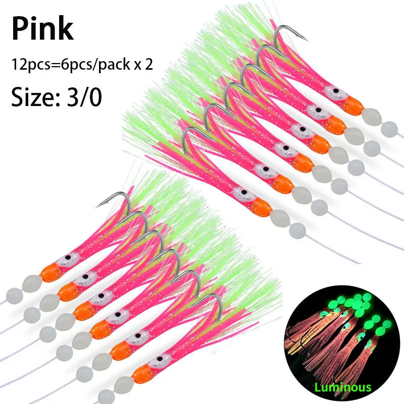 2 X 6Pcs/Set Luminous Squid Sabiki Rig Baits Soft Octopus Fishing Hook Bass Trout Salmon Lures