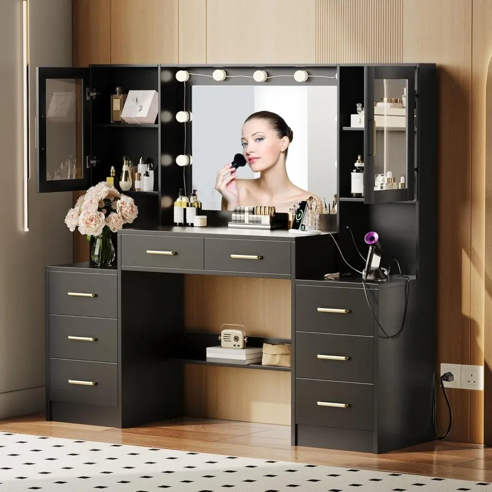 Black Vanity Desk with Mirror, Lights & Charging Station, 58.3" Makeup Table with 8 Drawers and Storage