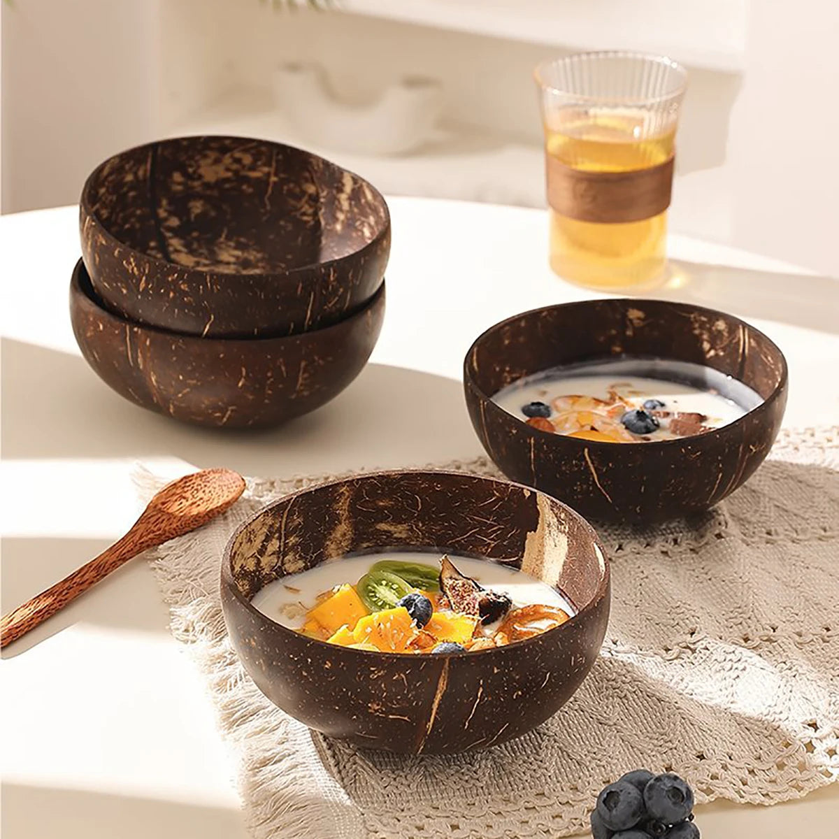 Natural Coconut Shell Bowl And Spoon Set For Serving Dishes Salad Wooden Reusable Kitchen Tableware Coconut Bowls Fruit Bowl