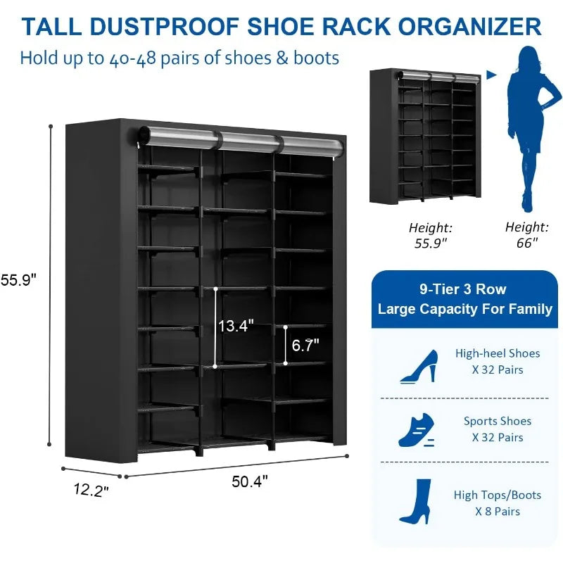 9-Tier Large Tall Shoe Rack with Covers for 40-46 Pairs