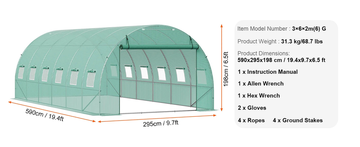 SucceBuy Walk-in Tunnel Greenhouse Hoop House Greenhouse Tunnel Plant Hot House with Steel Frame PE Cover Roll-up Zipper Door