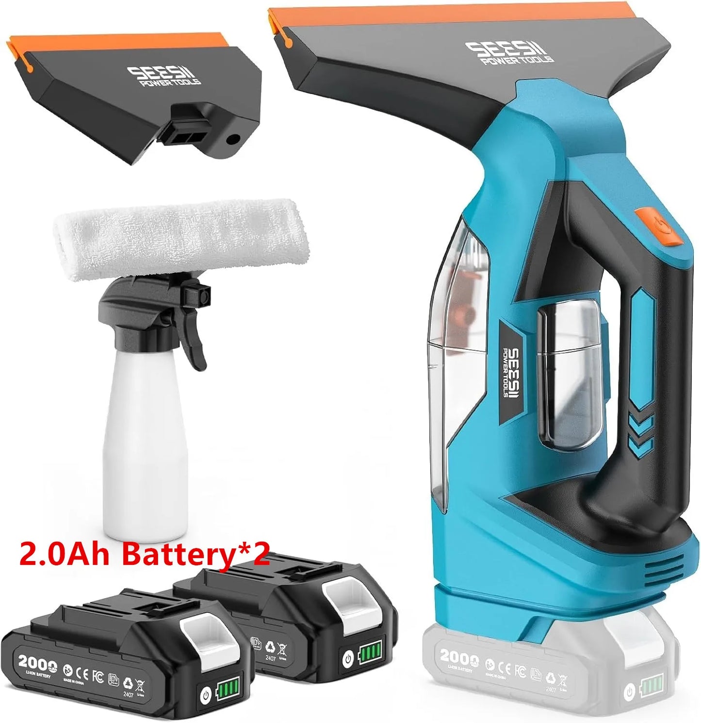 SEESII Cordless Window Vacuum Cleaner 2000PA Suction Power 4.0mAh Battery Windown Spray Cleaning Tool Set with Squeegee Blade for Mirror Glass Countertop Tile