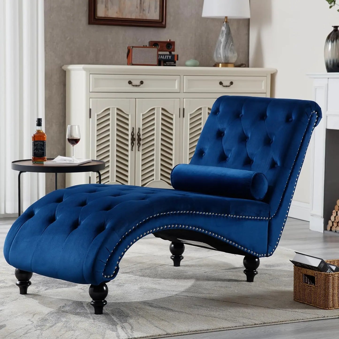 Velvet Tufted Chaise Lounge Chair With Pillow For Living