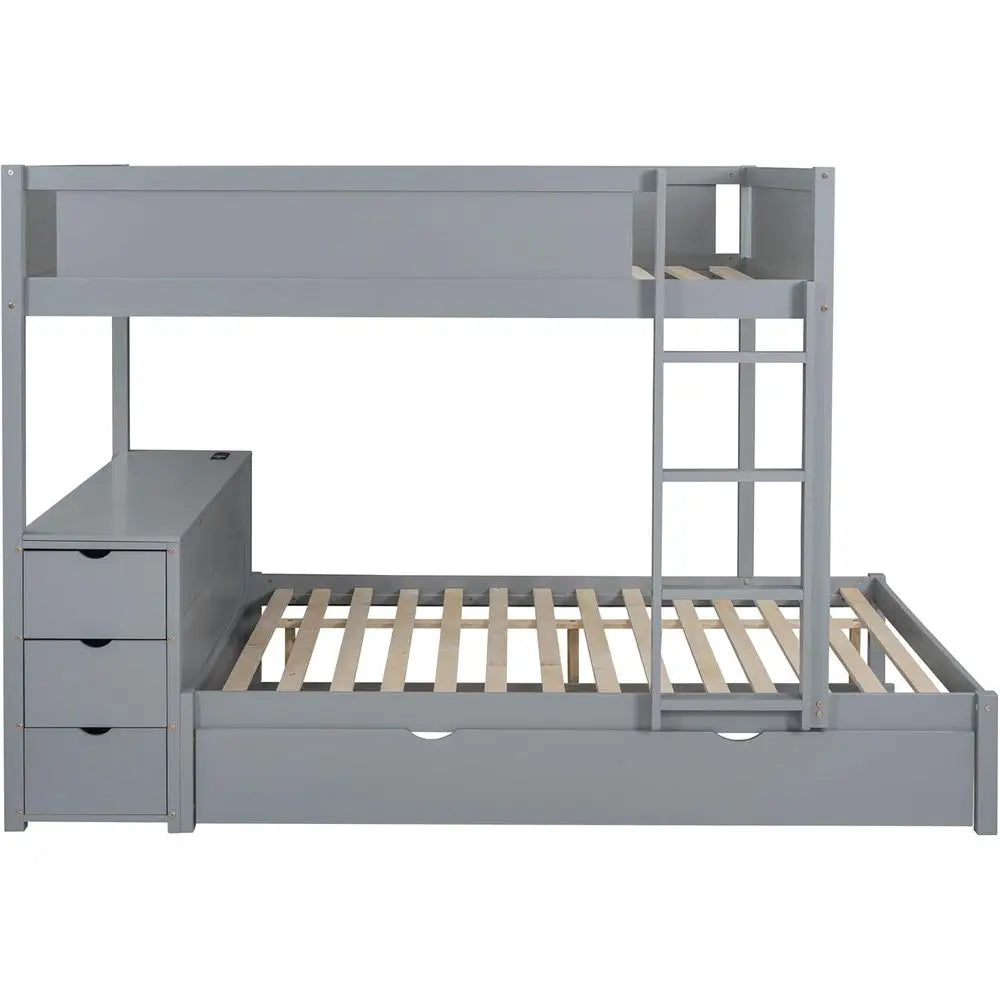 Gray Twin-Size Trundle Bunk Bed with Storage, Desk, and USB Ports