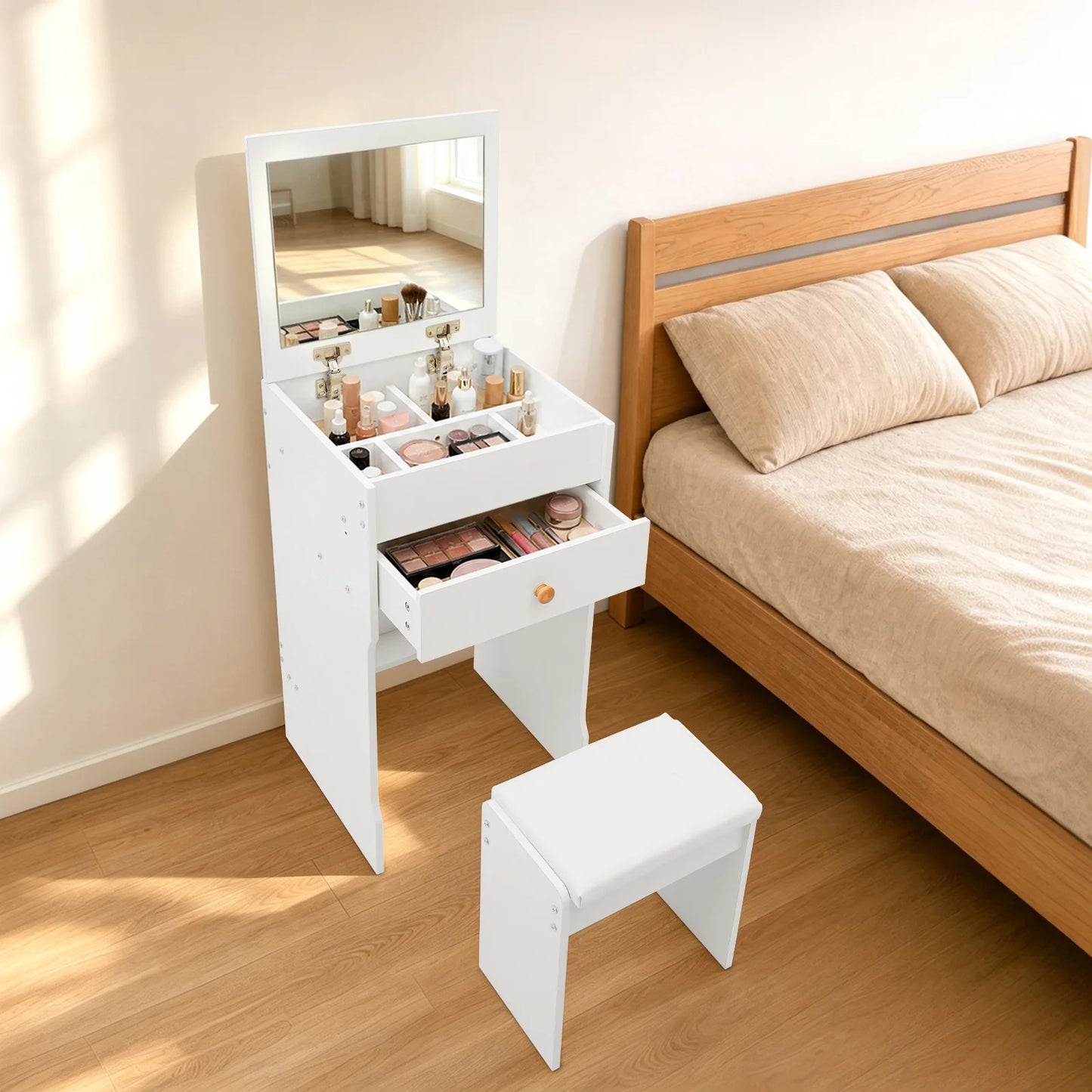 Vanity Dressing Table with Mirror and Stool 15.8" White Compact Storage Desk for Bedroom Dormitory Studio Apartment