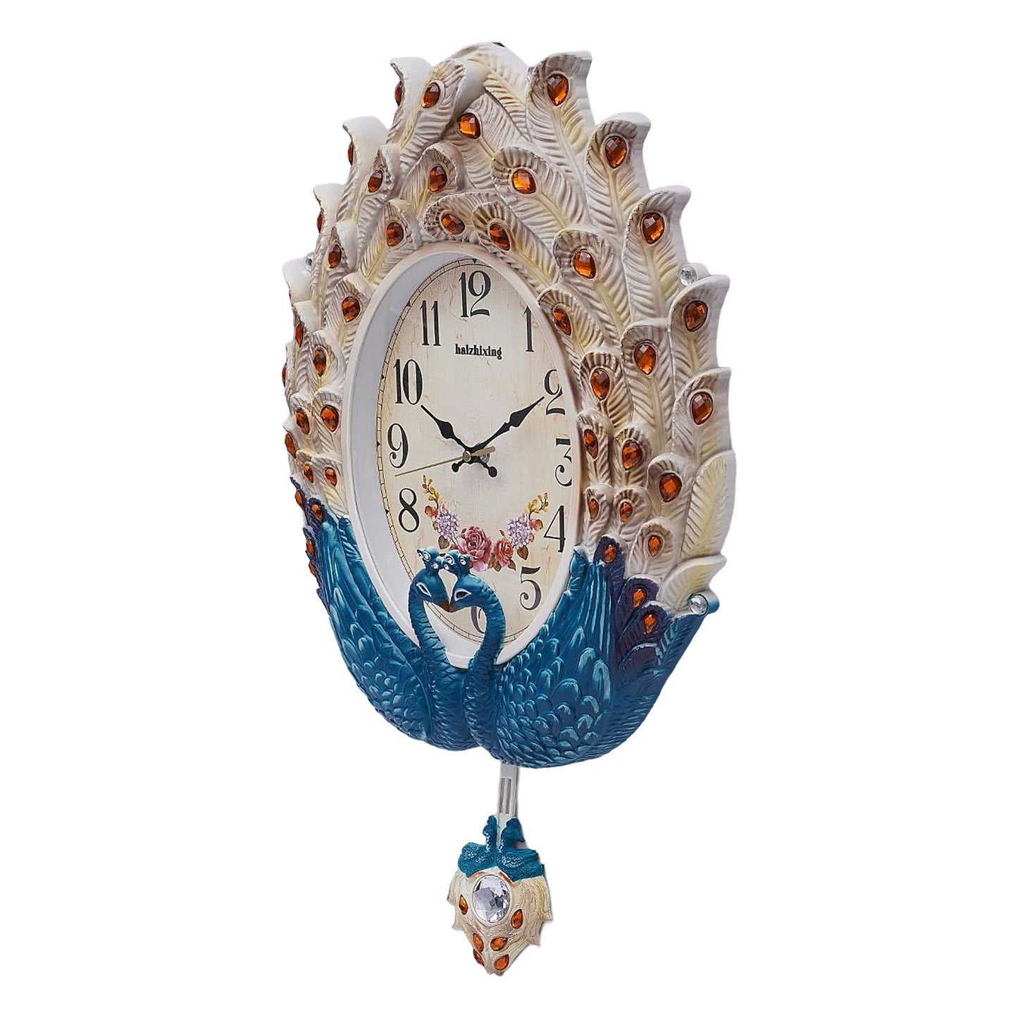 Blue Peacock Wall Clock,Silent Wall-mounted Metal Pendulum Clock 37*60cm with Luxury Crystal for Living Room,Hallways