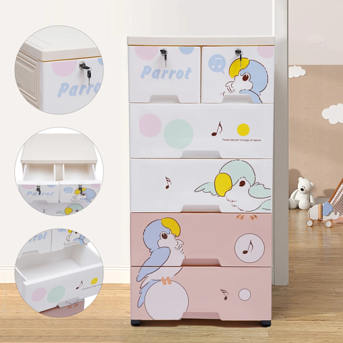 Modern Rolling Parrot Plastic Dresser Storage Cabinet 5 Layers 6 Drawer Bedroom Furniture Home Organizer for Clothes with Lock