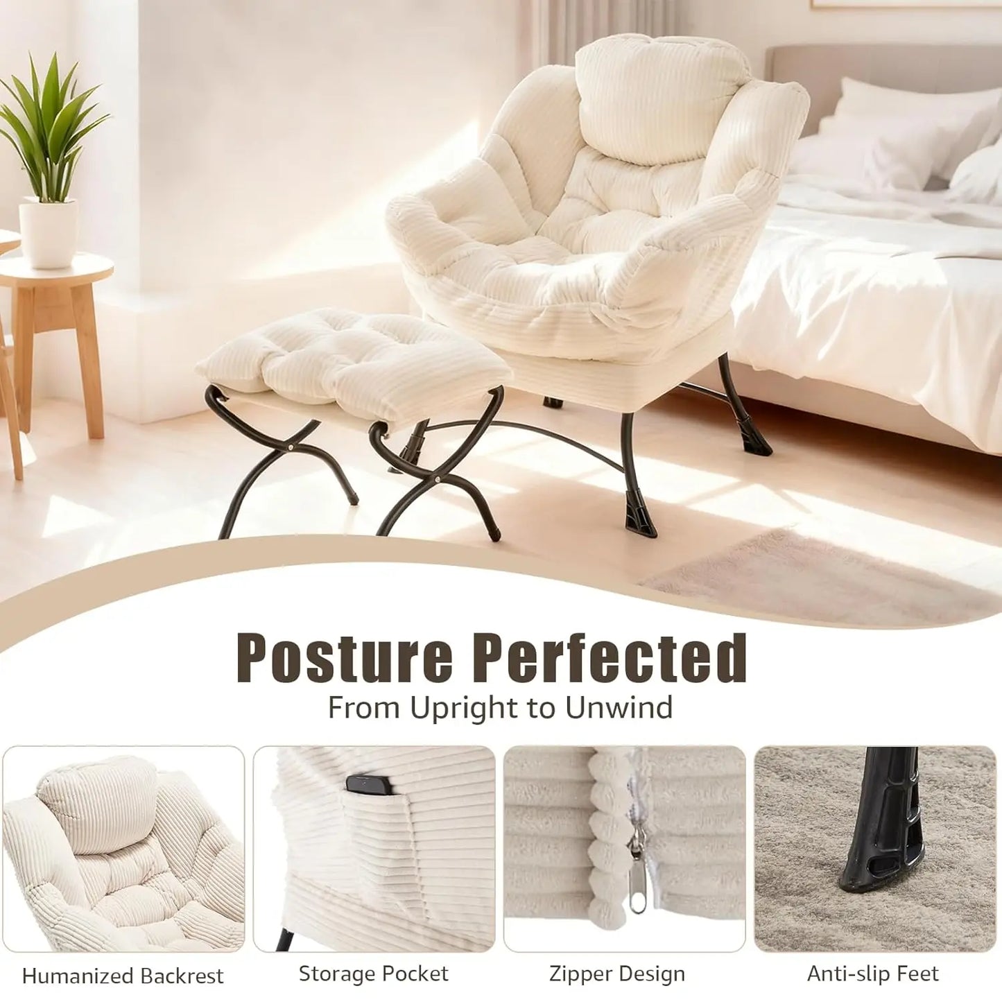 Oversized Lounge Chair & Ottoman Comfy Wide Reading Accent w/ Footrest Living Room Small Spaces White, Customized