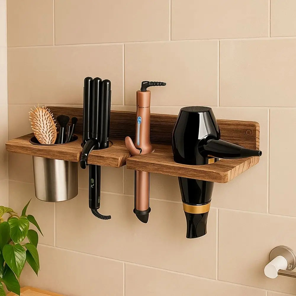 Vintage Wooden Hair Dryer Holder Wall-Mounted Space Saving Hair Straightener Holder Stylish Toilet Blower Holder Curling Irons