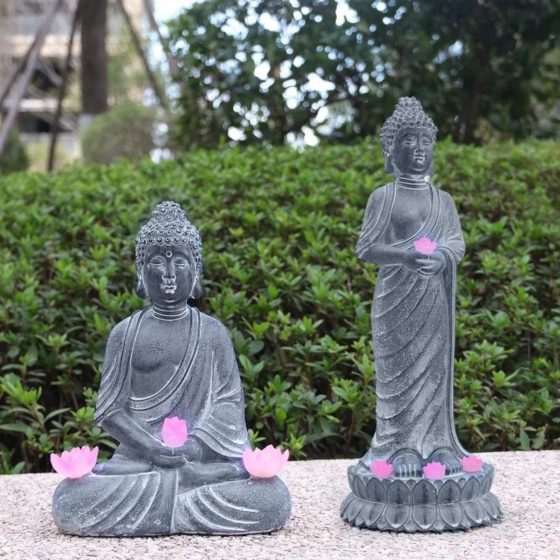 Buddha Figurines, Chinese-style Zen Garden Statues Solar-powered Garden Lights Horticultural Landscape Decorations Resin