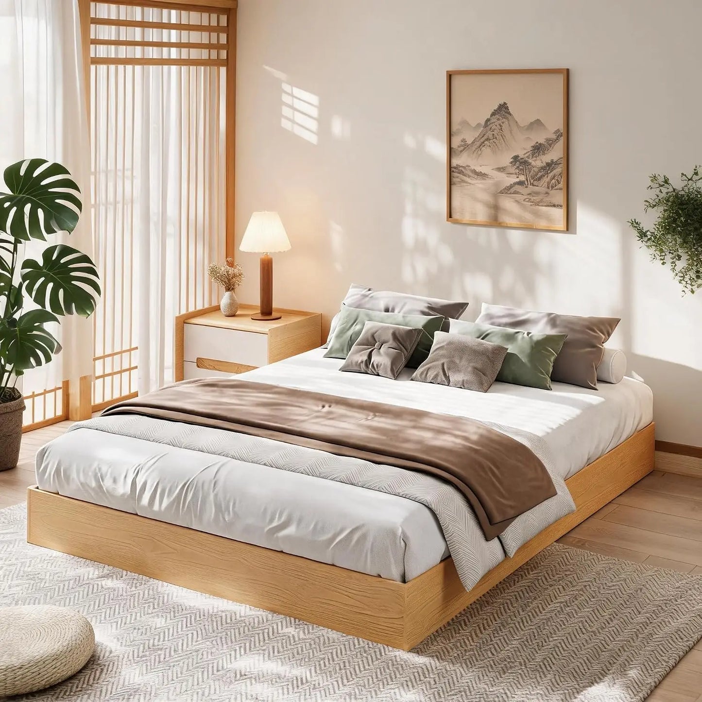 Garvee Living Room Bed Frame Easy Sturdy Assembly Bedroom Frames with Low Profile Design Eco-Friendly Bed Wood Slats Support Home Furniture Without Headboard