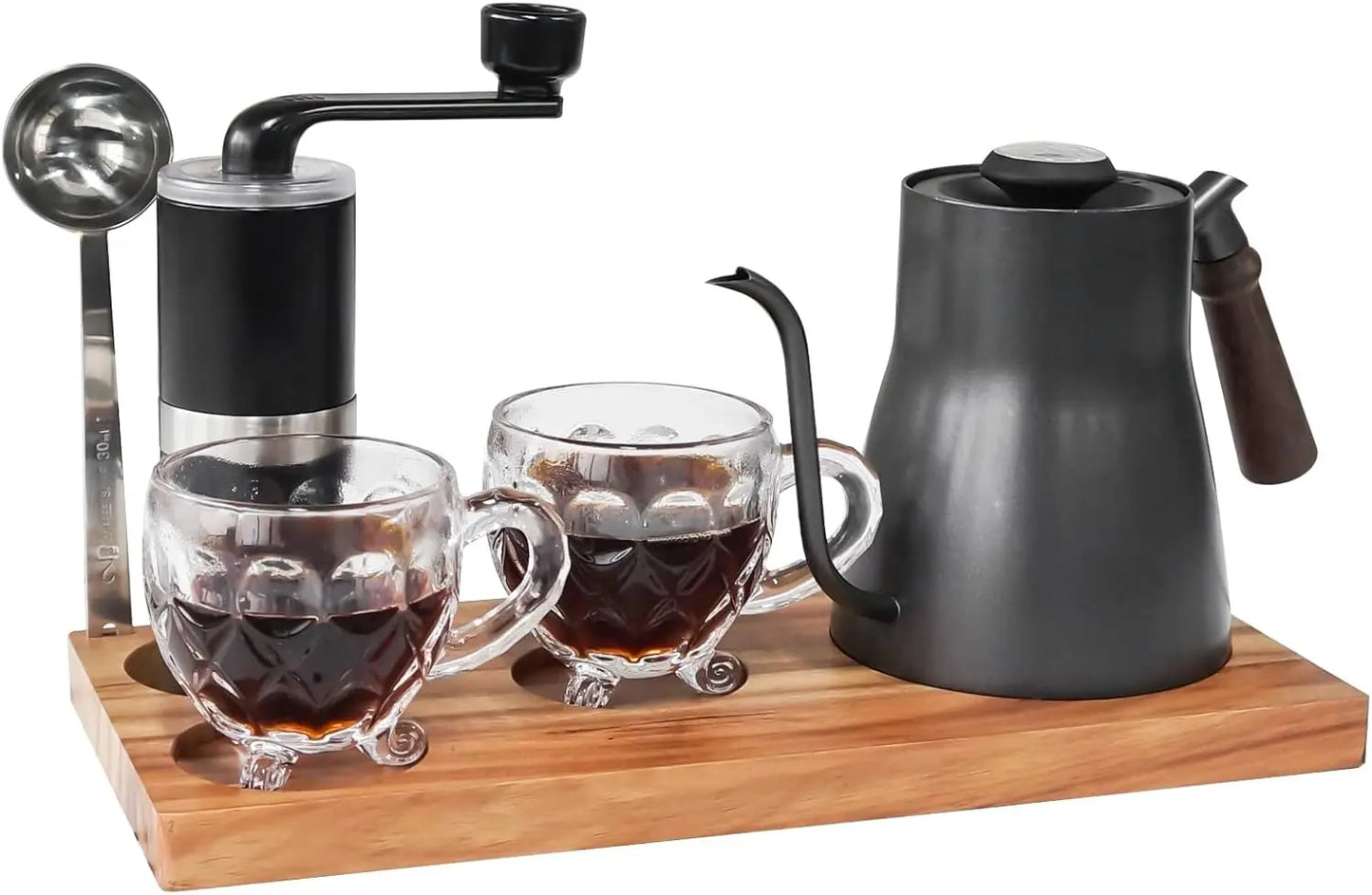 Portable Coffee Maker Set Tea Set And Tray; Manual Grinder; Stainless Steel Scoop & 2 Glass Cups and Wooden Tray