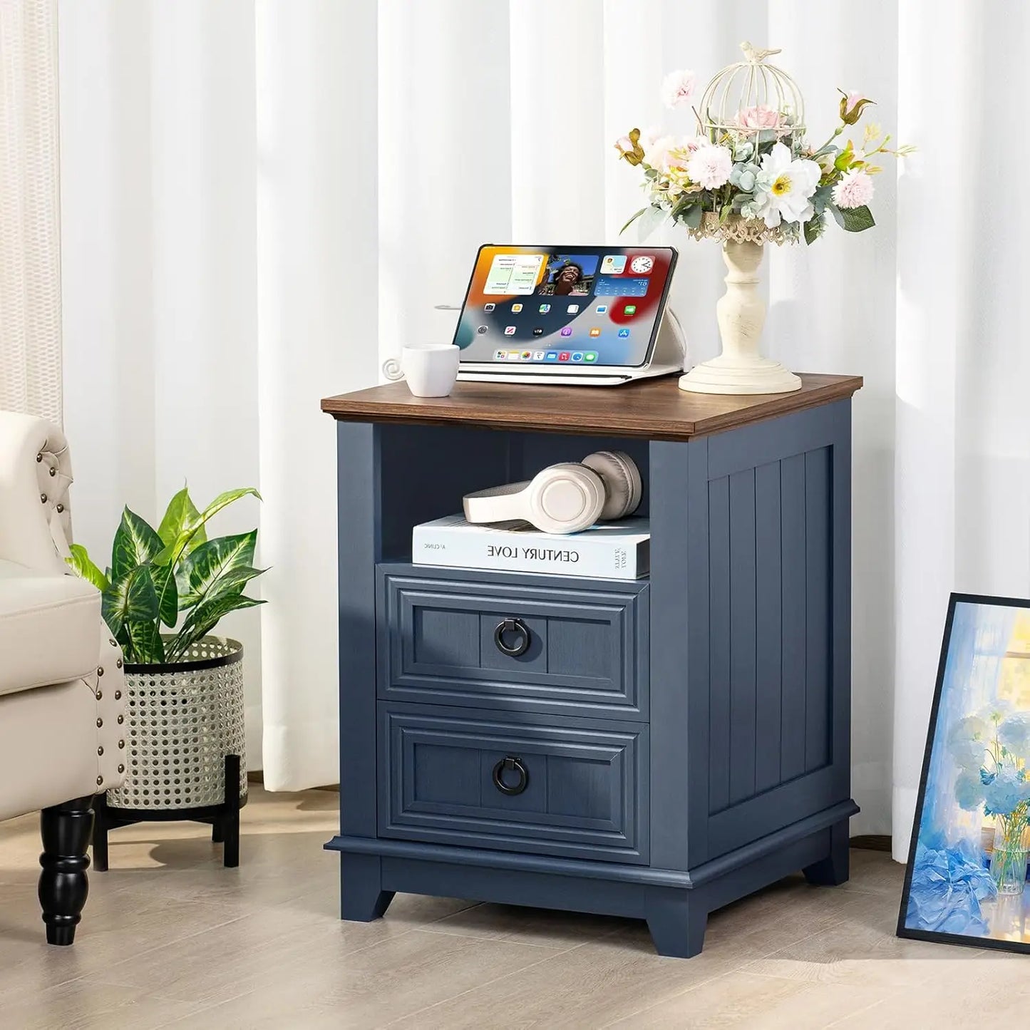 18" Farmhouse Night Stands Set of 2 with Charging Station, 2 Drawers End Table Dresser for Bedroom, Blue Wooden, Customized
