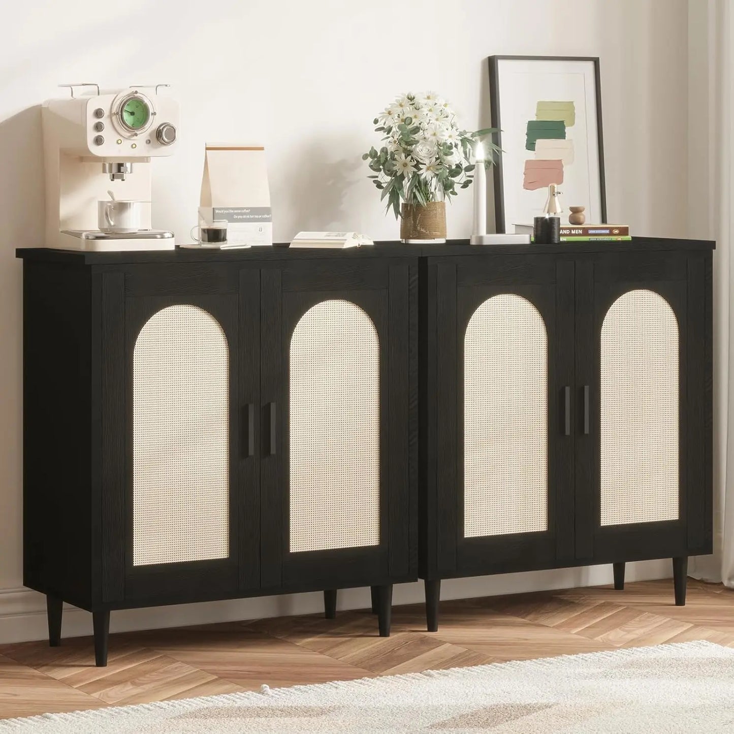 Boho Rattan Sideboard Cabinet With Storage Shelves Living Room