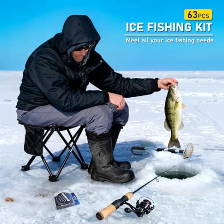 Portable Ice Fishing Rod and Reel Combo 28'' Set with Inline Reels Lures Ice Cleats Carrier Bag Folding Stool Fishing Line and