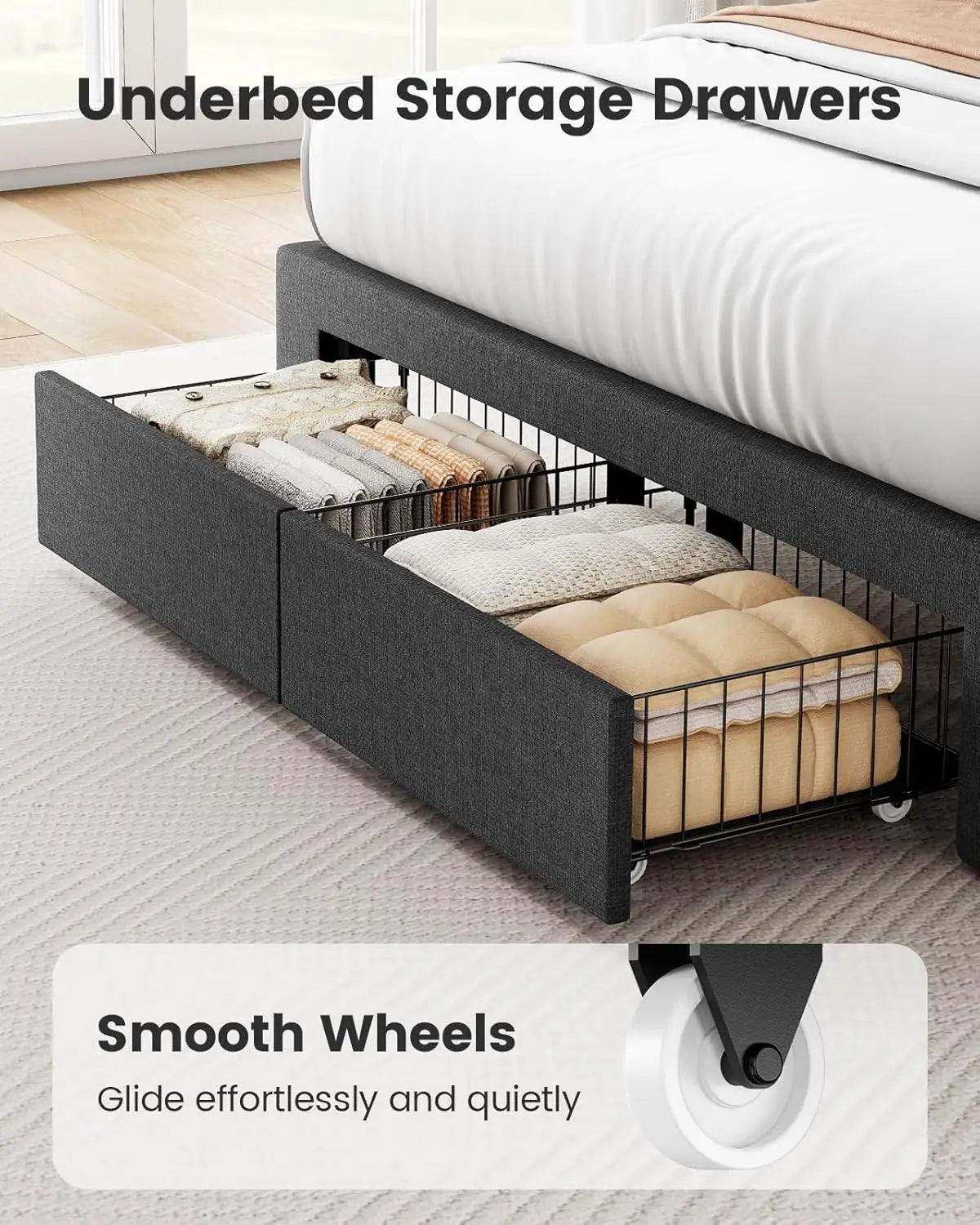 Full Size Solid Wood Platform Bed Upholstered Headboard 2 Storage Drawers 12 Sturdy Legs Fit 6"+ Mattress, Custom