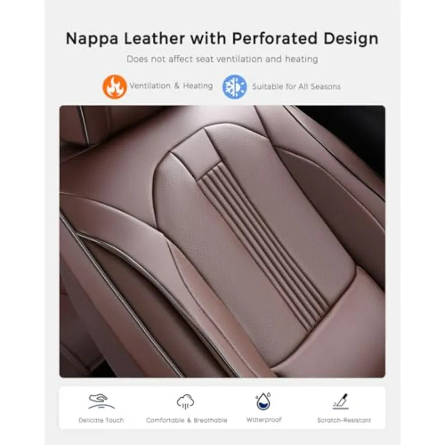 Brown Nappa Leather Car Seat Covers with Lumbar Support Ventilation Holes Velcro Adjustable Airbag Full-Coverage Universal Fit