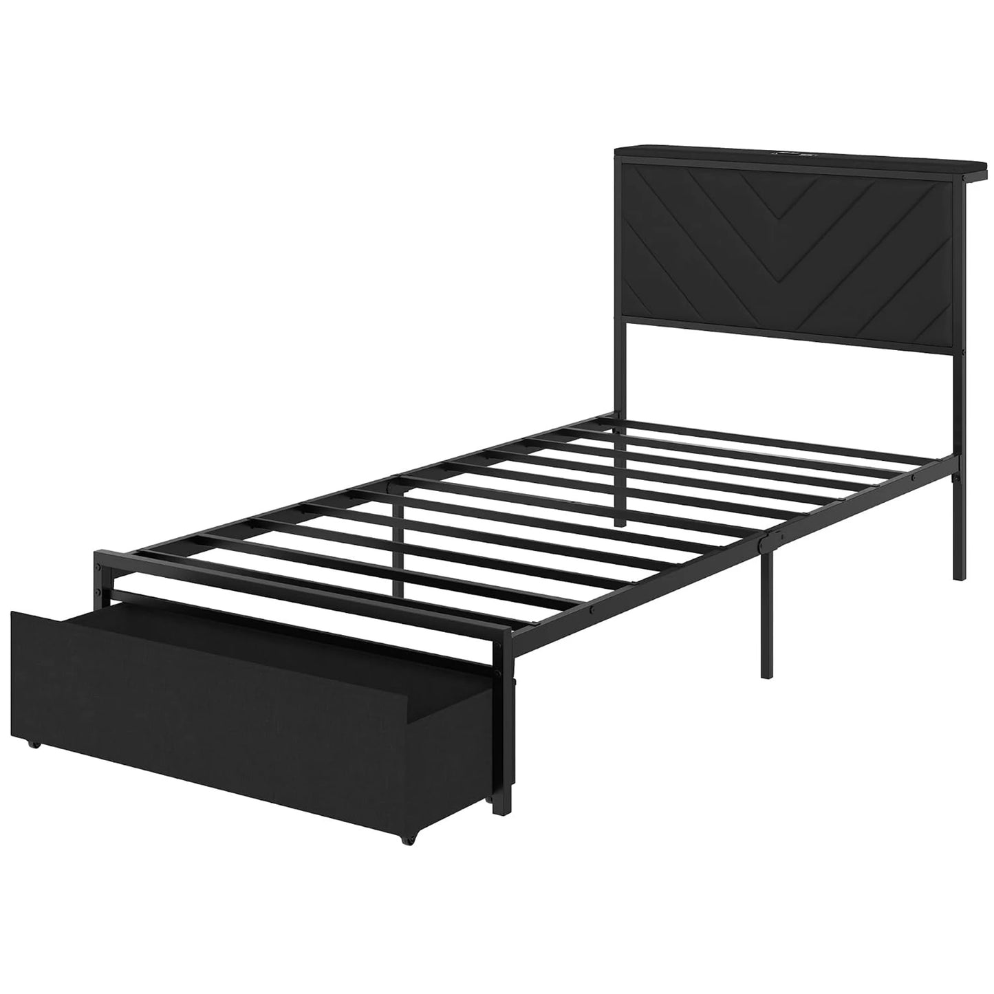 Twin Full Queen Upholstered Metal Platform Bed Frame With Storage Drawers, Headboard Charging Station, V-Pattern, No Box Spring