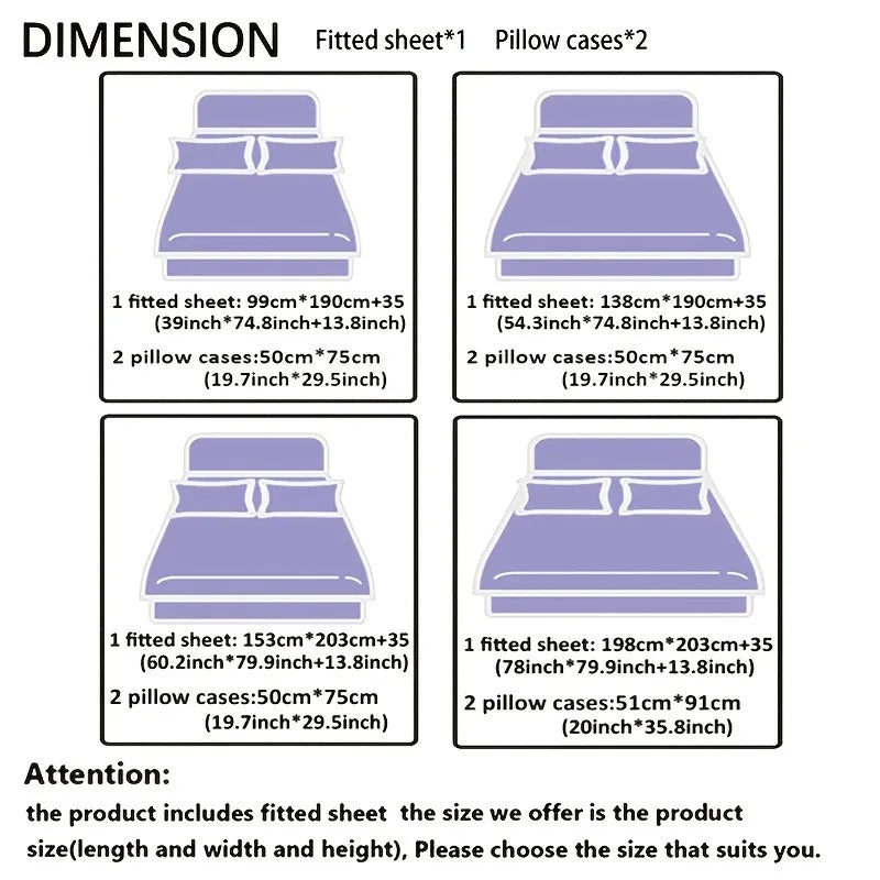 3pcs Cool Technology Digital Printing Material Plaid Fitted Sheet(1pc Bed Sheet+2pcs Pillowcase No Filling) Deep Pocket In 15 In