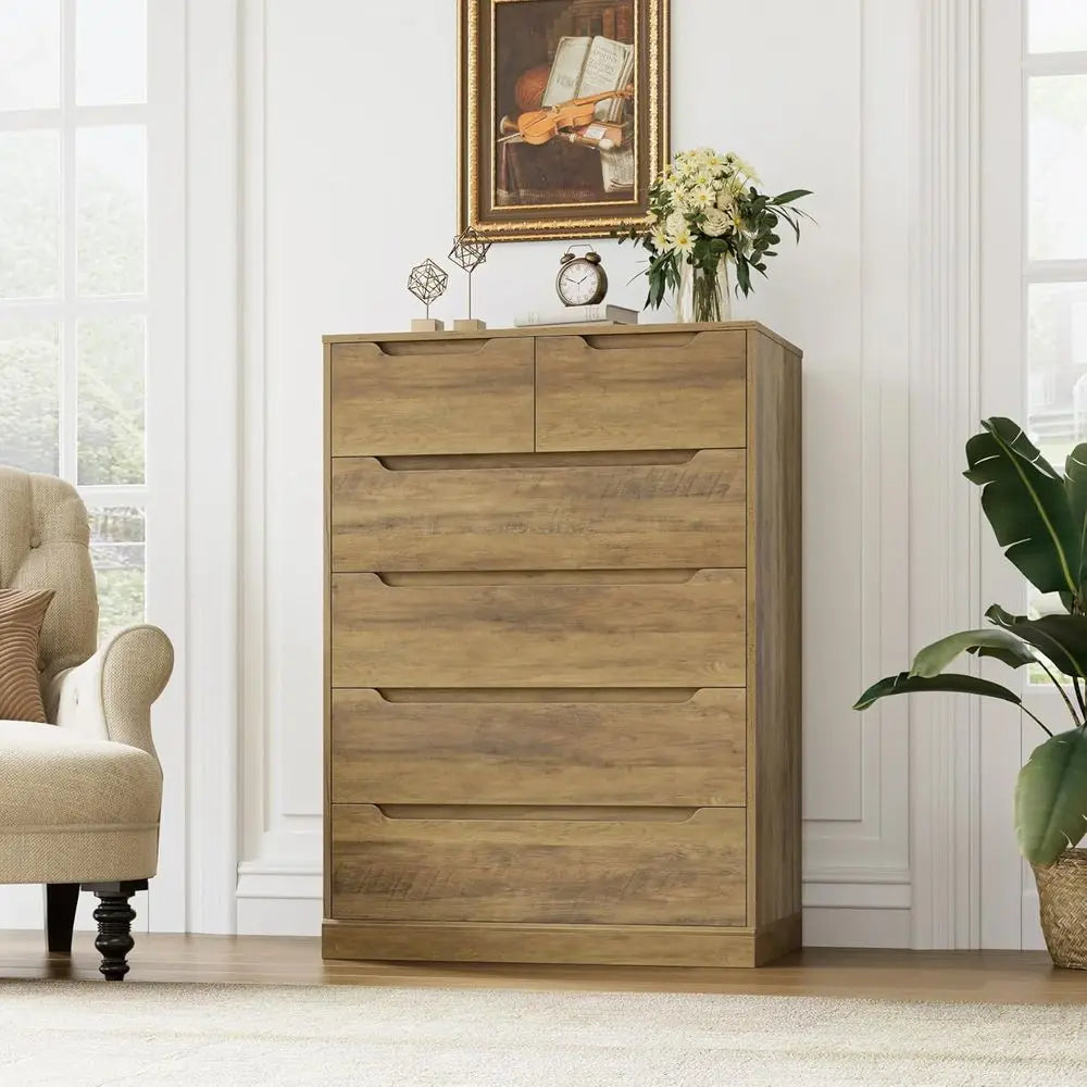 Large Rustic Brown Storage Chest with Cut-Out Handles for Bedroom, Tall Chest with Storage, Accent Storage Cabinet
