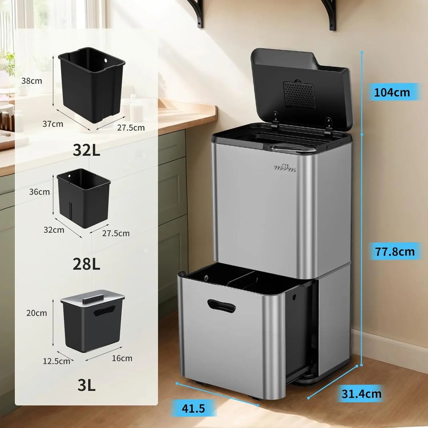 mVm Trash Can Stainless 63L(32L+28L+3L) Kitchen Trash Bin for Recycling Waste