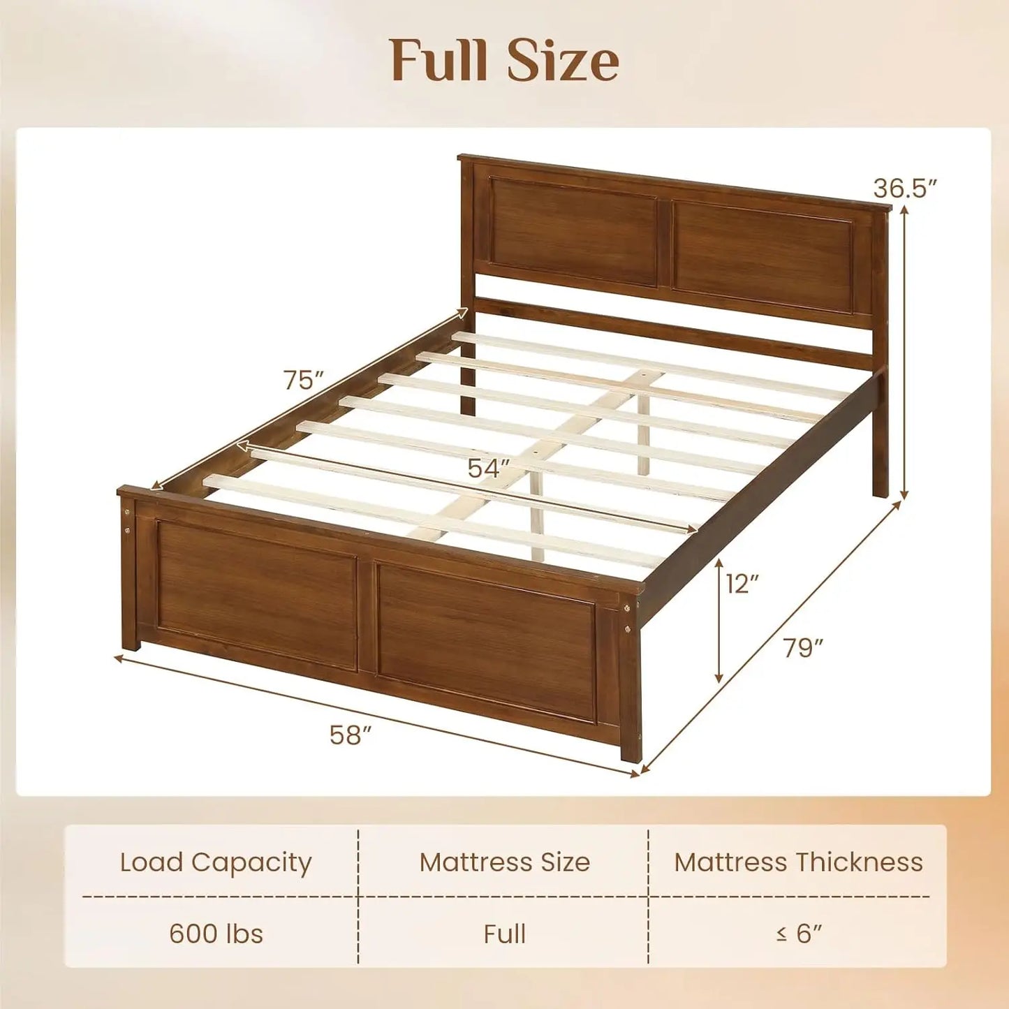 Wood Full Size Bed Frame with Headboard, Farmhouse Solid Platform Bed w/Wooden Slat Support Mattress Foundation,, Custom