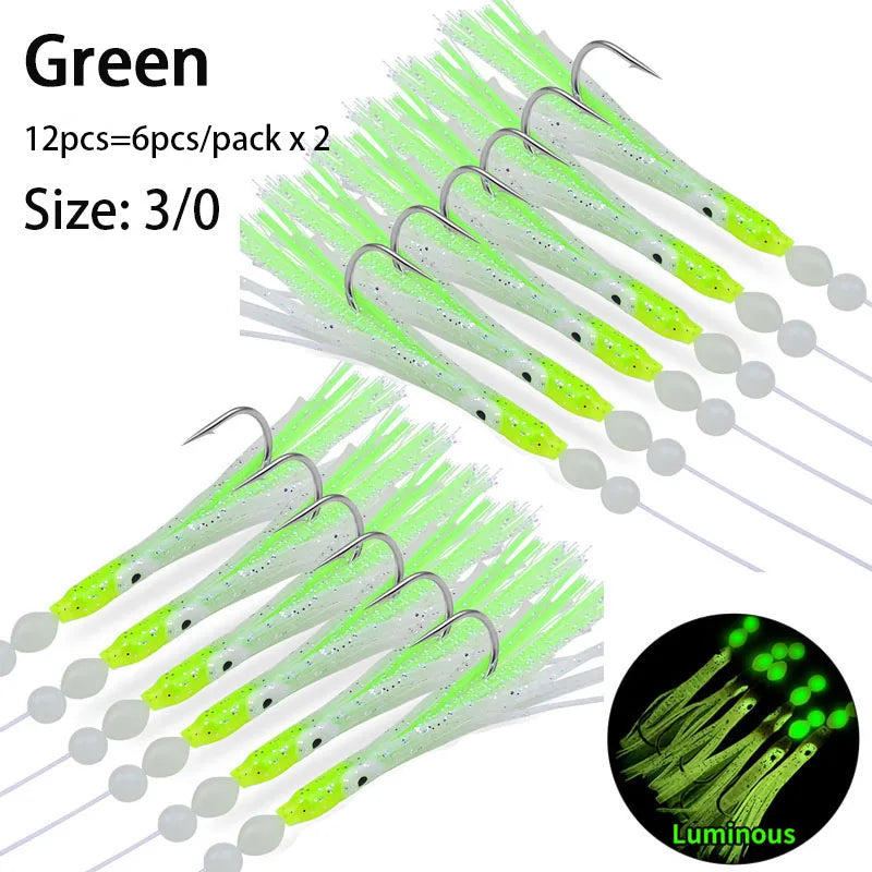 2 X 6Pcs/Set Luminous Squid Sabiki Rig Baits Soft Octopus Fishing Hook Bass Trout Salmon Lures