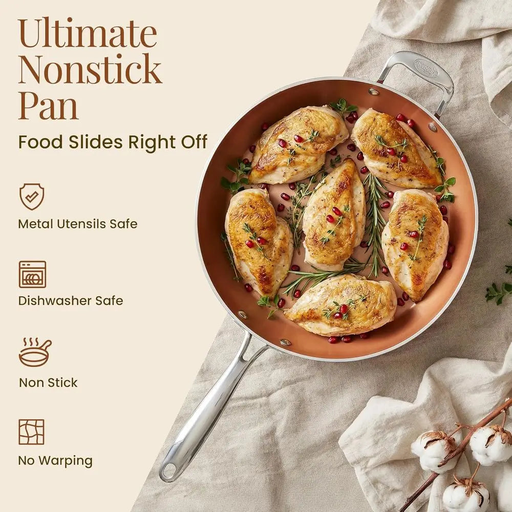 Hammered Copper 14 Inch Non Stick rying Pan with Lid, Nonstick rying Pan with Ceic Coating and Induction Plate or Even Heating,