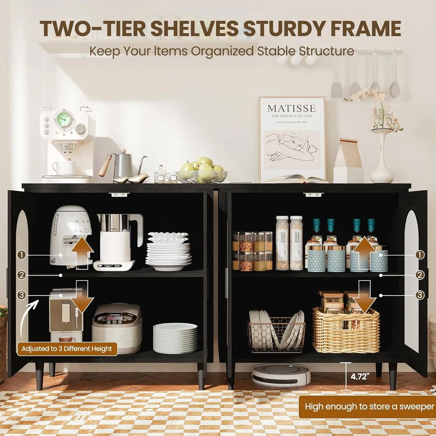 Boho Rattan Sideboard Cabinet With Storage Shelves Living Room