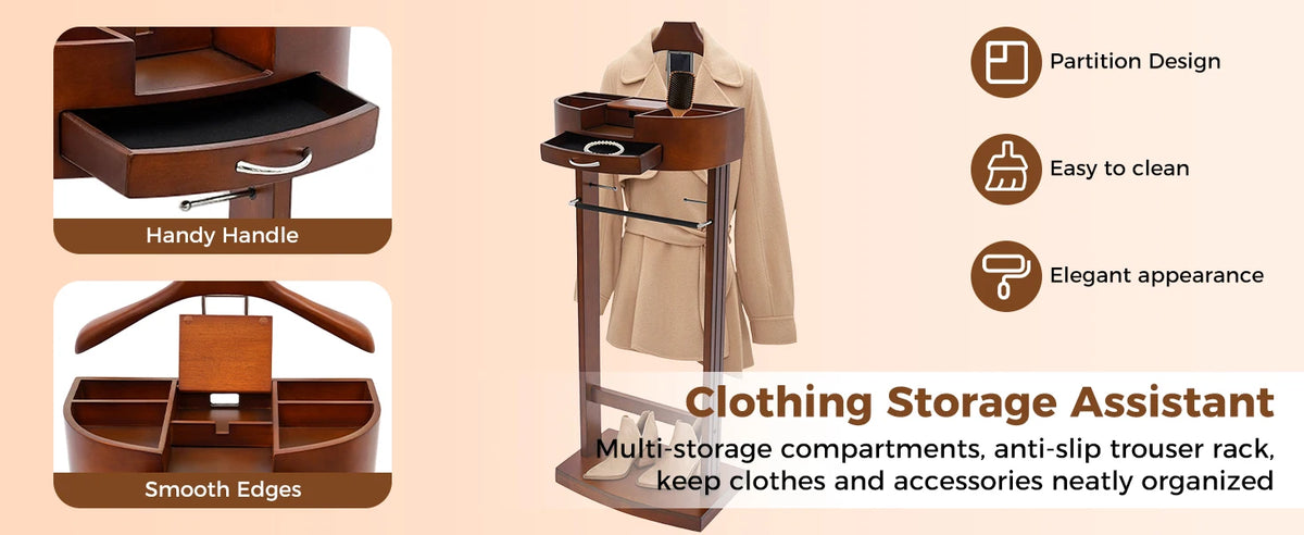 Wood Suit Rack, Freestanding Clothing Valet Stand Clothes Valet Suit Racks Mens Compact Wooden Clothing Valets Stand Rack Organi