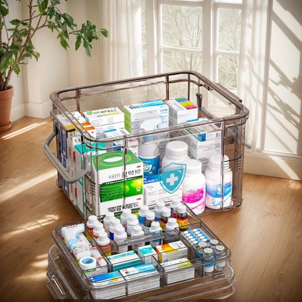 Clear Medicine Organizer Storage Box with Tray, Thickened Medicine Container Chest, Multipurpose Medical Case with Labels