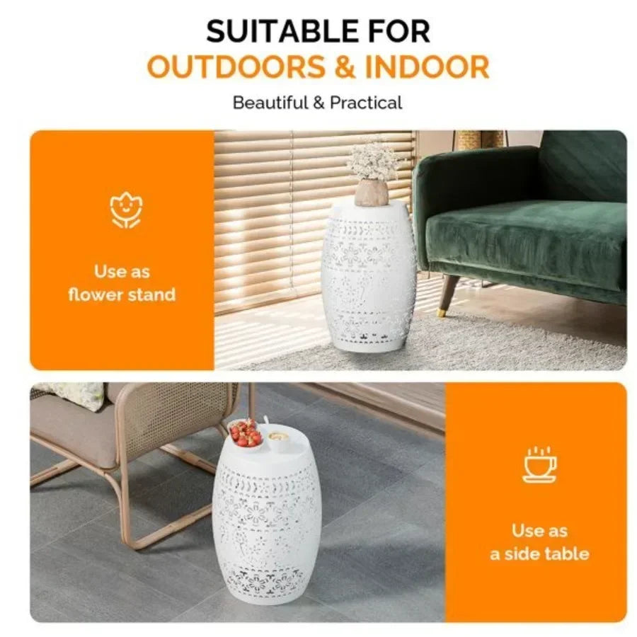 9.4 Steel Patio End Table Round Hollow Drum Side Table Accent Table for Indoor and Outdoor White