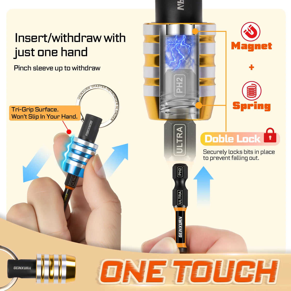 Geinxurn Keychain Bit Holder Set, 1/4 Inch Hex Shank One Touch Double Lock Magnetic Aluminum Quick Change Mini Bit Extension Rod