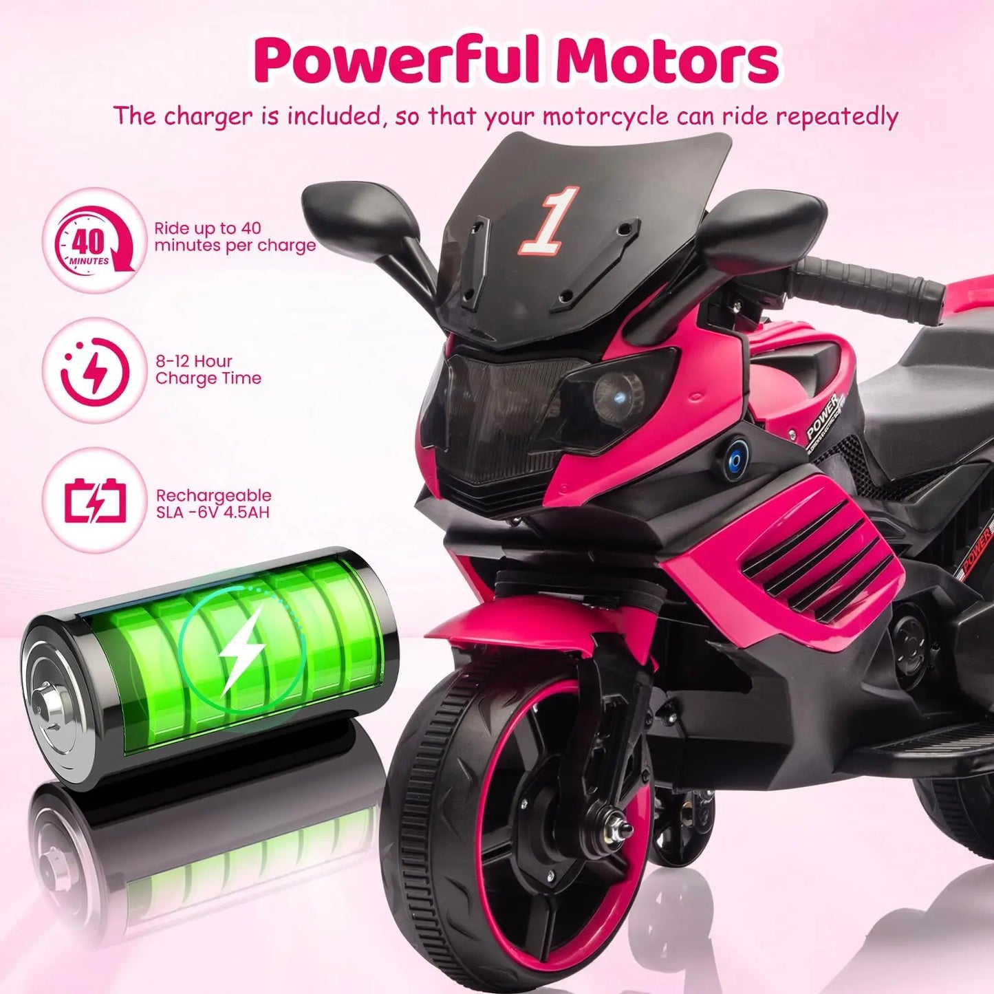6V Kids Ride On Motorcycle Electric Toddler Motorbike With Training Wheels, EVA Tread Tires, Headlight, Horn, Music, 2 MPH Ride Toy