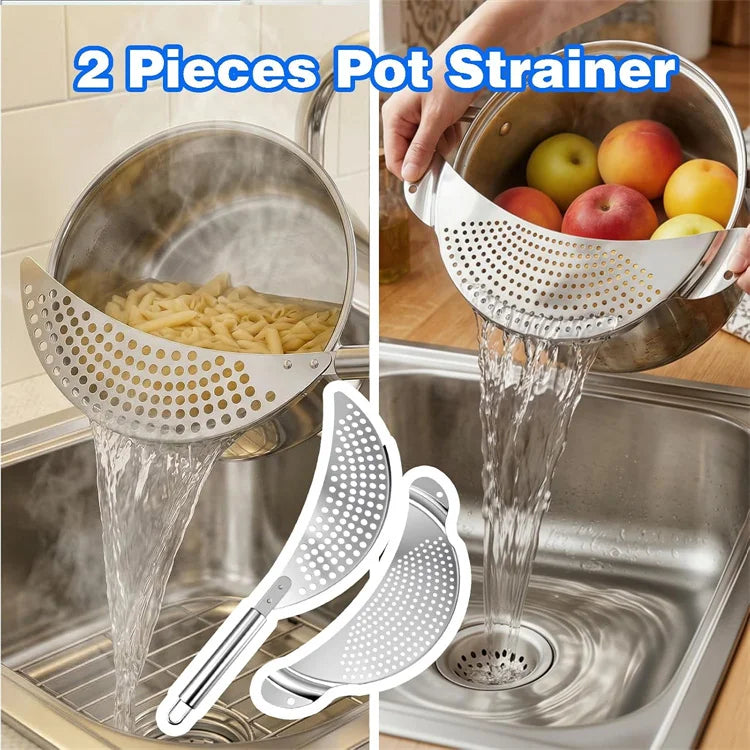Stainless Steel Pot Strainer Kitchen Colander with Handle Held Crescent Drainer Pan Crescent Pot Strainer Pasta Noodles Strainer