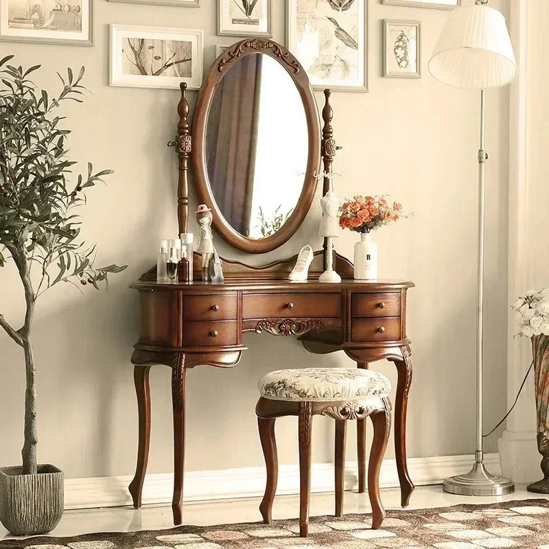 -European Solid Wood Mirror Table Bedroom Dresser Amercia Princess Furniture Dark Villa Luxury Carved Makeup Table Dressing Tabl