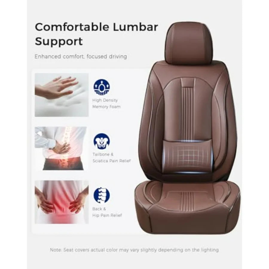 Brown Nappa Leather Car Seat Covers with Lumbar Support Ventilation Holes Velcro Adjustable Airbag Full-Coverage Universal Fit