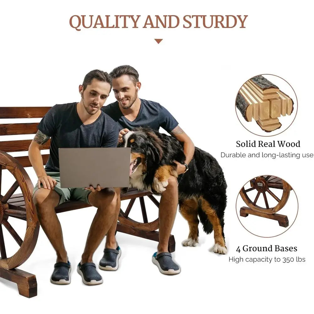 Rustic Wooden Wheel Patio Bench, Weather-Resistant Garden Seat, 350lbs Capacity, 41 High