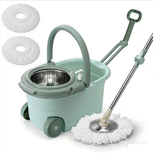 360° Spin Mop And Bucket System With Wringer - 61" Stainless Steel Handle & 2 Microfiber Refills, Self-Cleaning Floor Mop For Tile, Hardwood, Laminate Floors (Green)