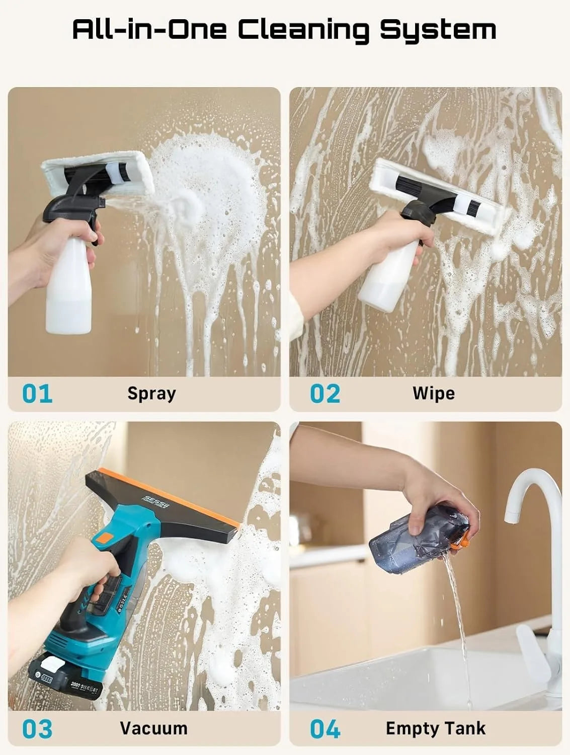 SEESII Cordless Window Vacuum Cleaner 2000PA Suction Power 4.0mAh Battery Windown Spray Cleaning Tool Set with Squeegee Blade for Mirror Glass Countertop Tile