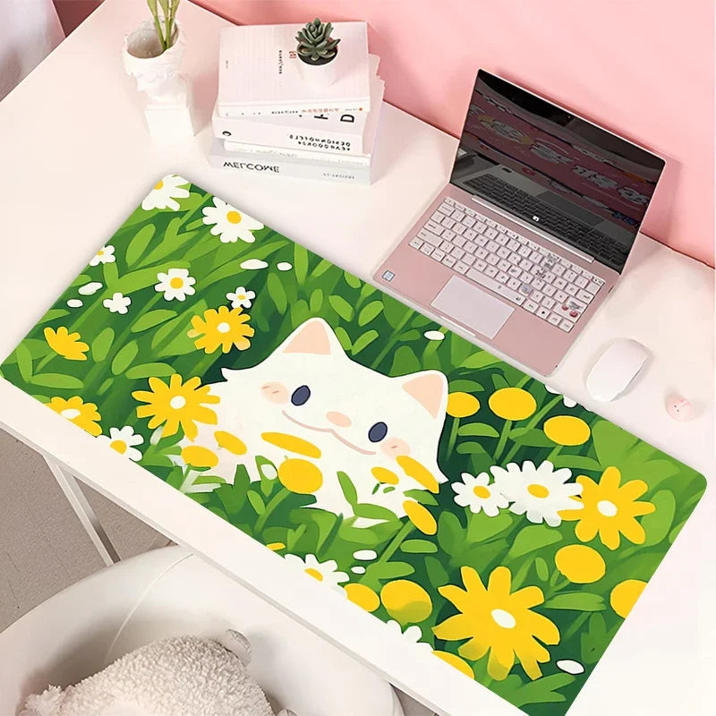 Clouds Black Cat Mouse Pad PC Green Plants Flower Gaming Keyboard Rug Laptop Kawaii Anime Gamer Cabint Mousepad Cute Desk Mat
