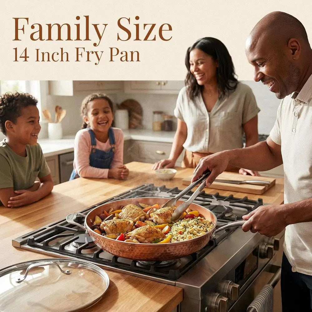 Hammered Copper 14 Inch Non Stick rying Pan with Lid, Nonstick rying Pan with Ceic Coating and Induction Plate or Even Heating,