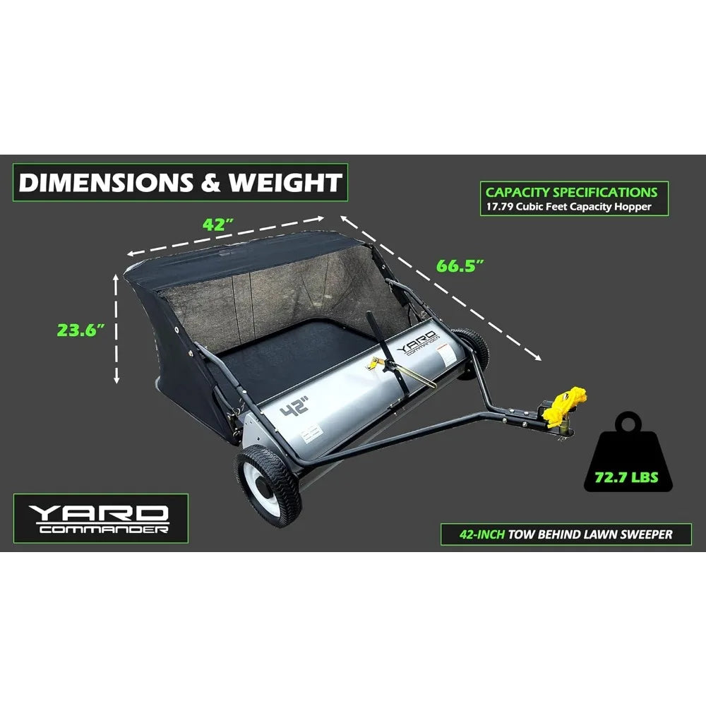 42-Inch Tow-Behind Lawn Sweeper, 10" Nylon Brushes, Universal Tractor/ATV Hitch, Never-Flat Wheels, Adjustable Height, 1-Year Wa