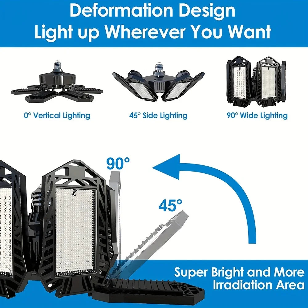 LED Garage Lights with 7/10+1 Adjustable Panels E26/E27 Ceiling Shop Work Lamp 150W 6500K Bulb for Workshop Industrial Lighting