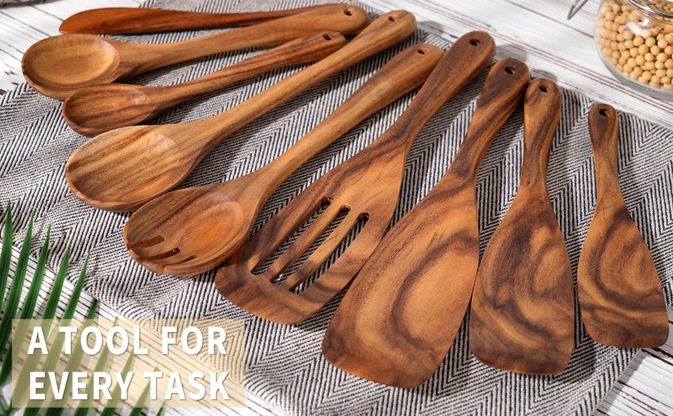 9 PCS Kitchen Utensils Set, Wooden Spoons for Cooking, Wooden Utensils for Cooking - Handmade Wooden Spoon Set