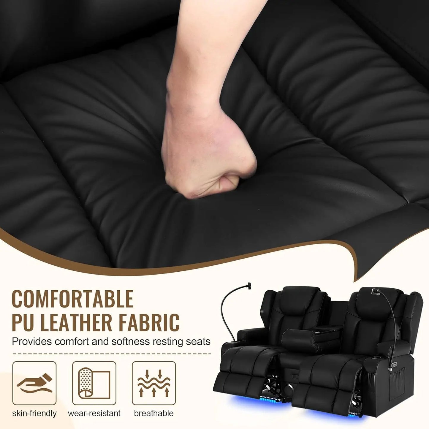 Power Recliner Loveseat for Living Room, Loveseat Sofa with Center Console, USB Type-C Port, PU Leather Chair with, Customized