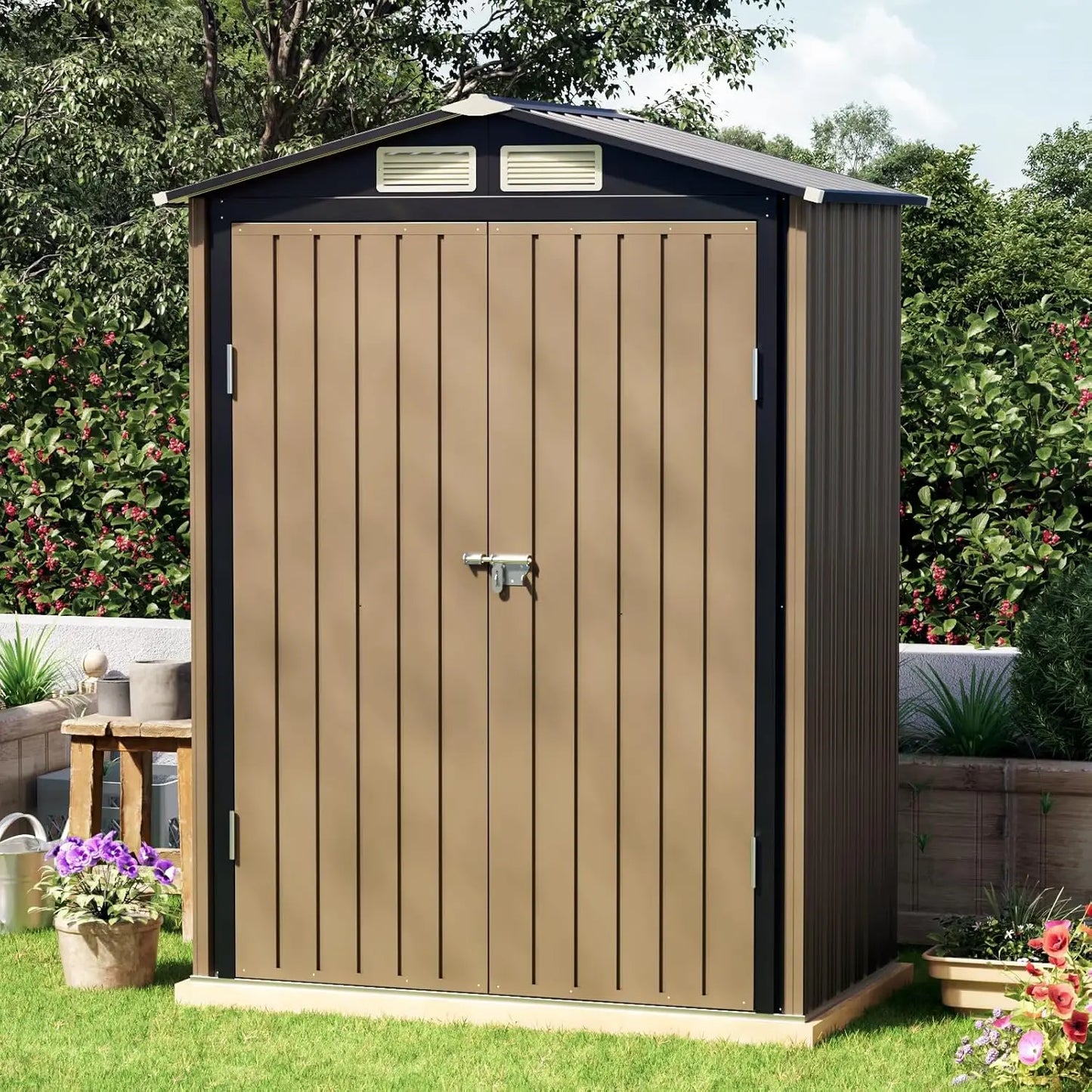 5x3 FT Outdoor Metal Storage Shed, Double Door, 1 Clear Window, Tool Shed for Garden, Patio, Backyard Brown, Customized