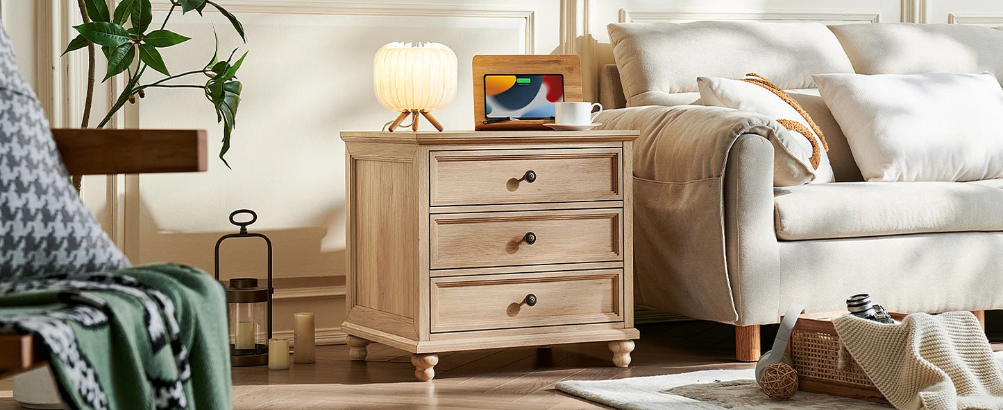2 Pack Farmhouse 3 Drawer Bedside Cabinet, Wooden End Night Table With Metal Handles 24"W For Indoor Storage