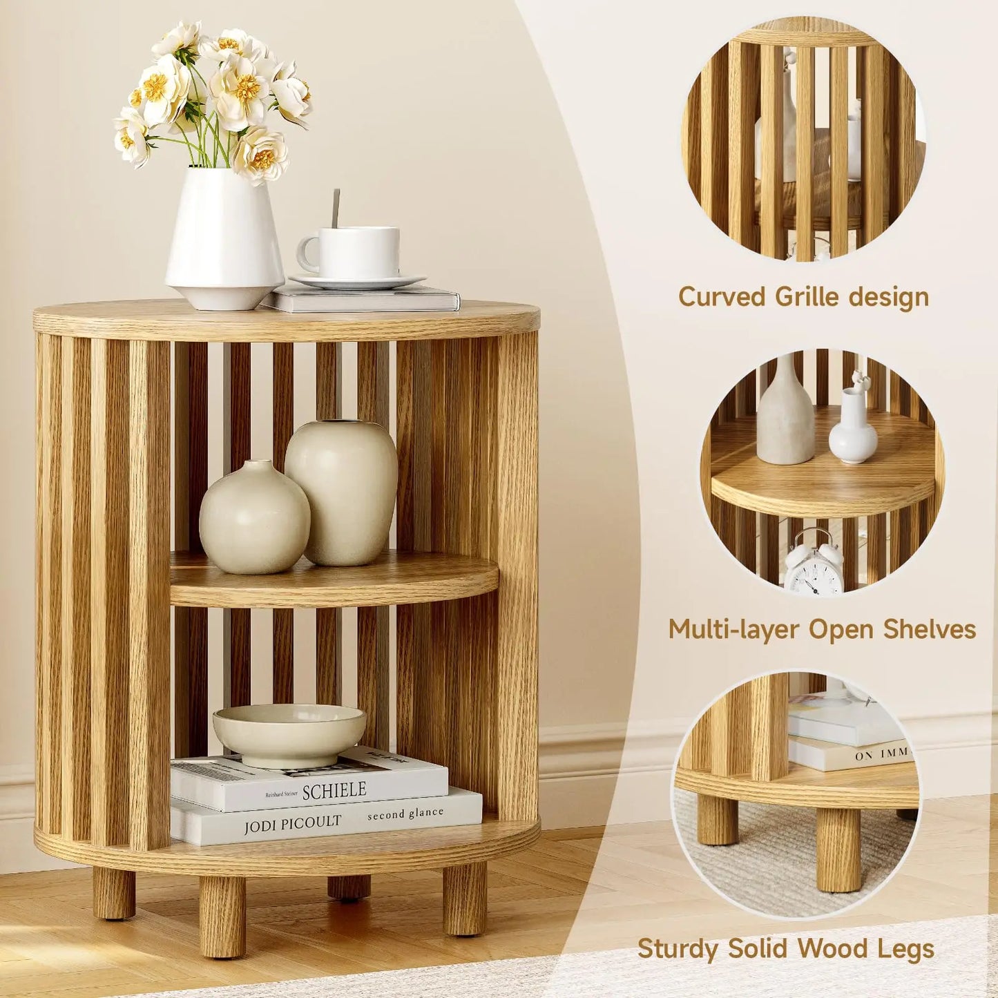 Fluted Round End Table, Mid Century Bedside Table, Modern Nightstands Set Of 2 For Living Room, Bedroom, Entryway