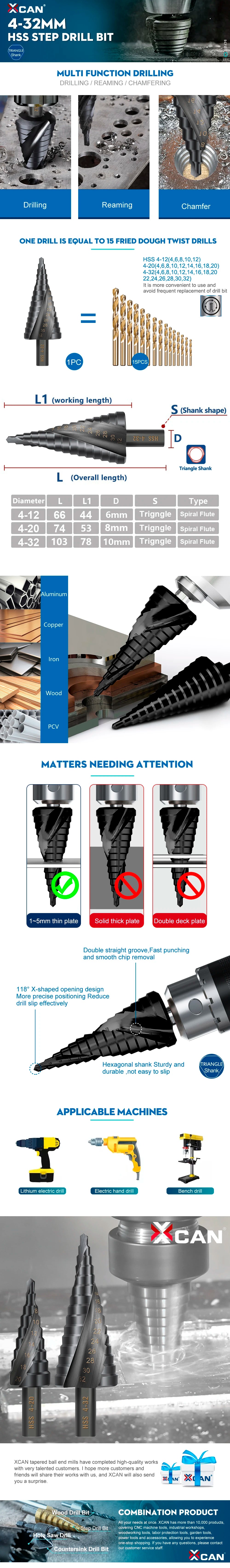 XCAN Step Drill Bit Metal Drill 4-12/20/32mm 6-30mm HSS Cobalt Step Cone Drill Bit Set Wood/Metal Hole Cutter Drilling Tool
